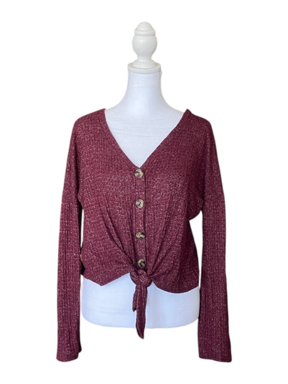 Pink Rose Burgundy Lightweight Waffle Knit Tie Front Cardigan  - Size L